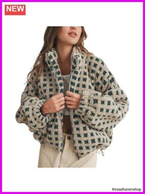 Cropped Sherpa Fleece Jacket Zip Up Plaid With Pockets